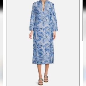 SAIL TO SABLE CK BRADLEY KAFTAN DRESS 100% COTTON PEACOCK PAISLEY BLUE SIZE S